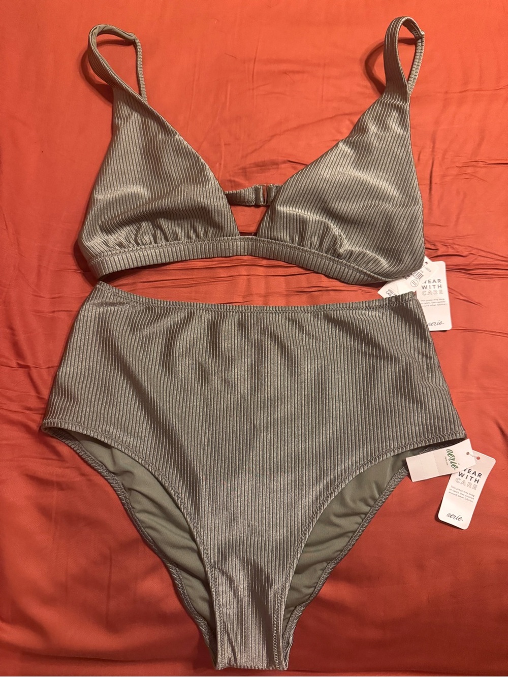 Aerie Medium Ribbed Two-Piece High-Waist Bikini in Olive Gray. NWT